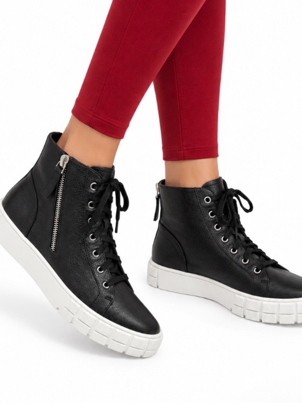 LINEA PAOLO Women's Black High-Top Lace-Up Sneakers with Two Side Zip